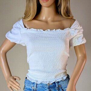 Torrid Crop Top Size 2X White Challis Smocked Puff-Sleeve Ruffle Square-Neck